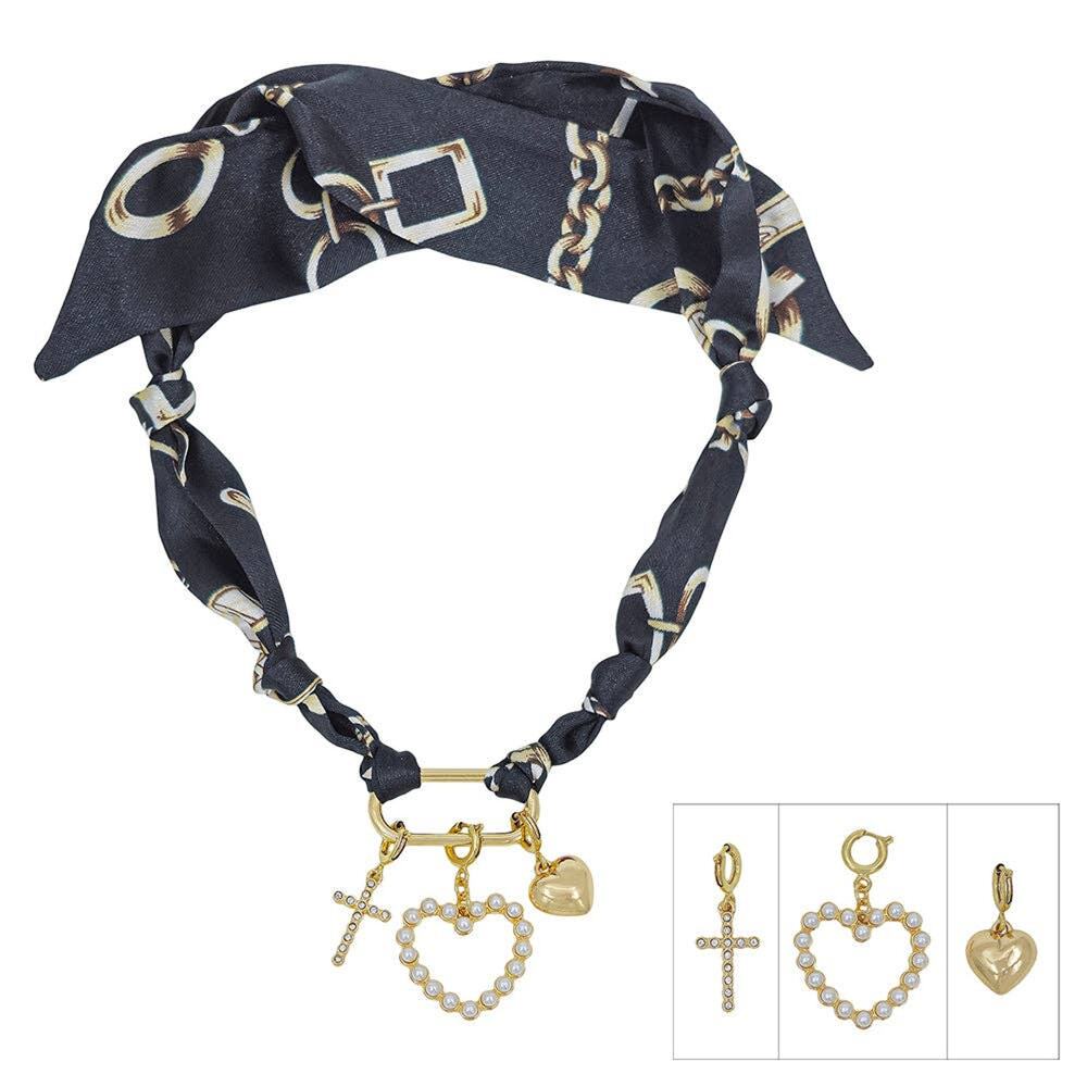 Black Multi-Color Scarf Necklace | Heart, cross Charm Accents